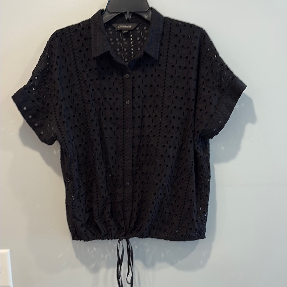 Black Boxy Button Down Shirt with Tie Front